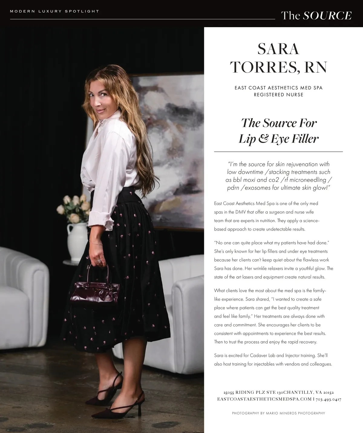 Sara Torres, RN on her feature page in Modern Luxury WASH magazine, titled The Source for Lip & Eye Filler.